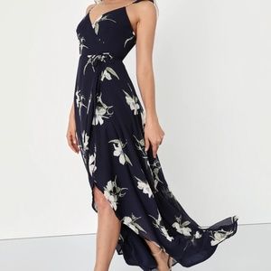 All Mine Navy Blue Floral Print High-Low Wrap Dress